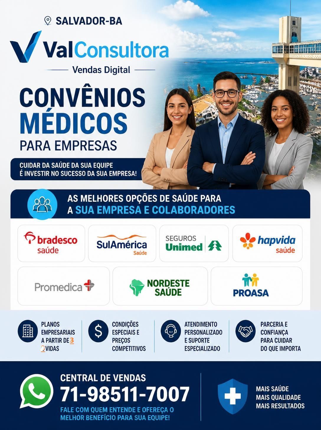 Planos de saúde empresariais da ValConsultora, com três pessoas sorrindo e logotipos de operadoras de saúde.plano de saude salvador - ba