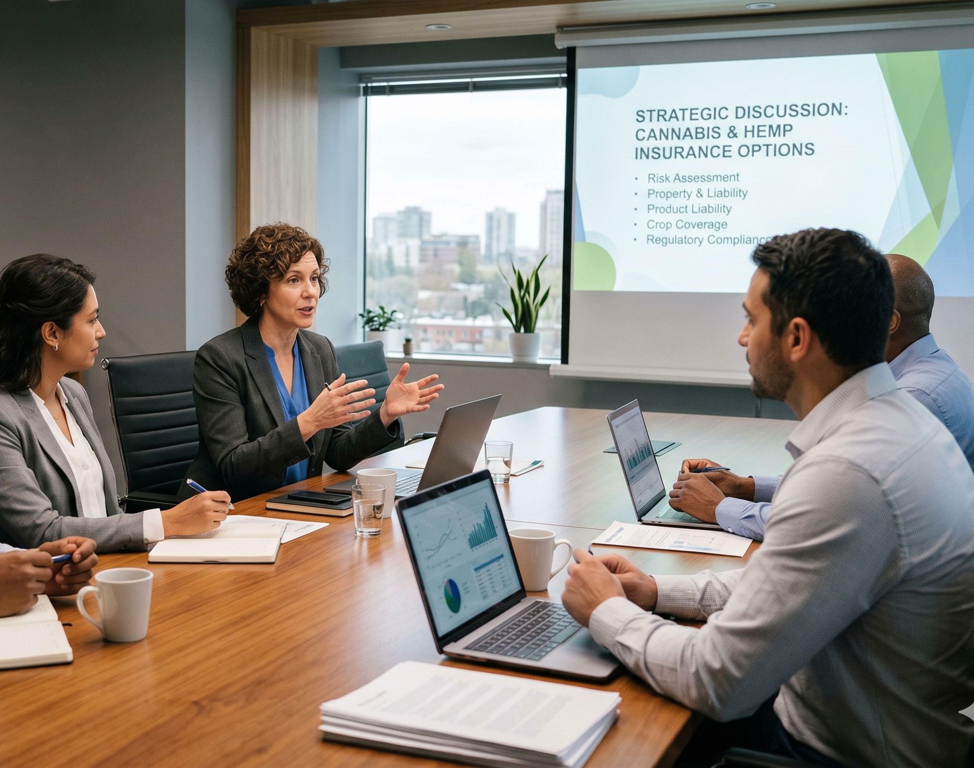 Team meeting in a conference room, with colleagues discussing around a wooden table and a presentation screen.