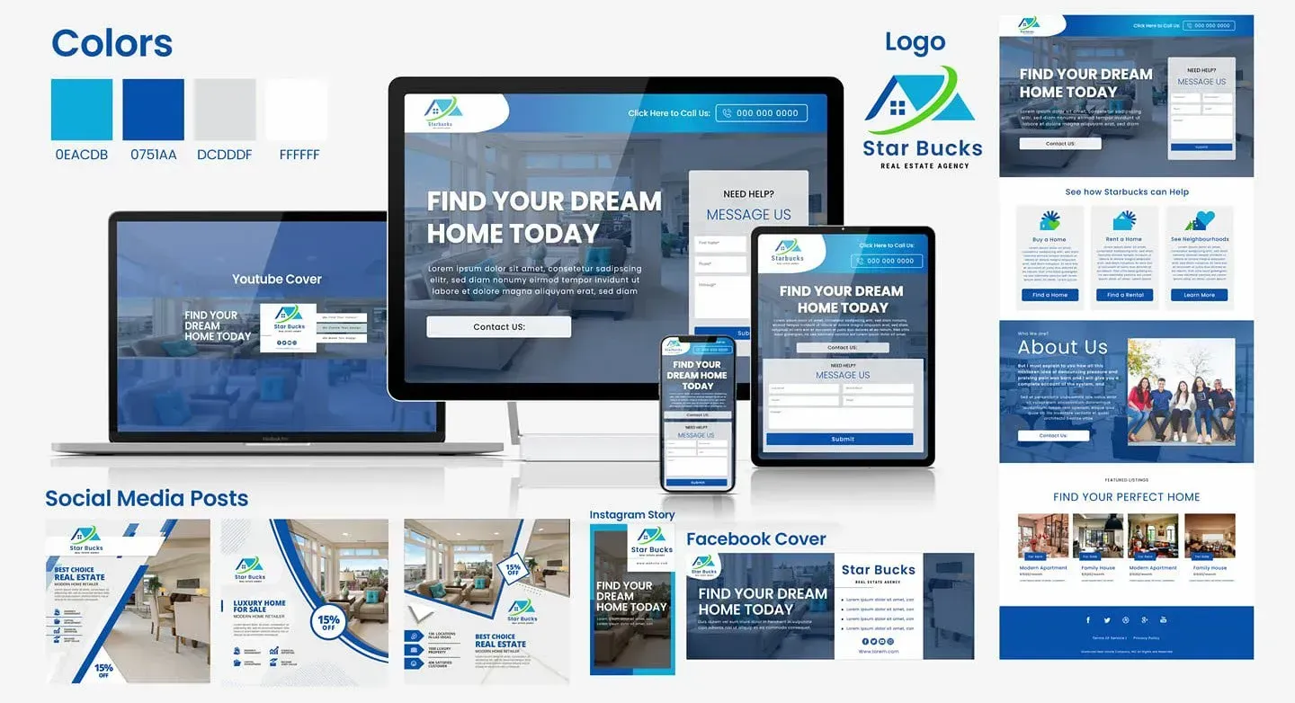 Website design mockup with blue color palette, laptop and mobile screens, logo, and social media layouts