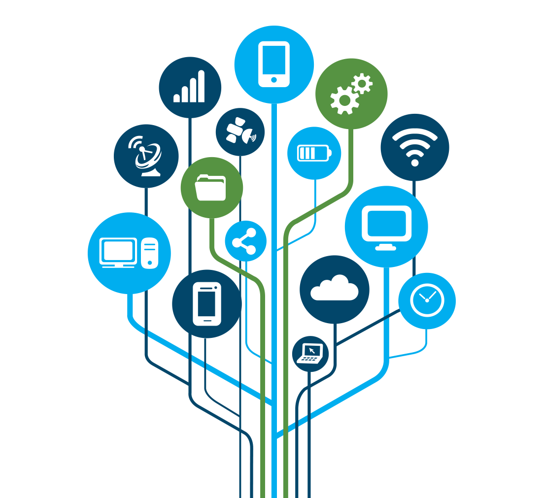 Colorful network of connected tech icons branching from a central line, including devices, cloud, Wi‑Fi, and analytics symbols