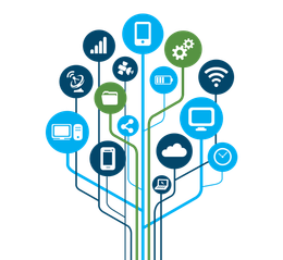 Colorful network of connected tech icons branching from a central line, including devices, cloud, Wi‑Fi, and analytics symbols
