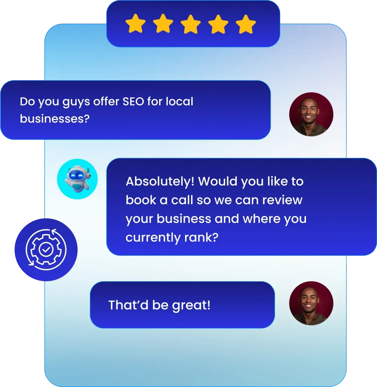 Chat bubbles on a blue gradient card about SEO for local businesses, with five stars and icons.