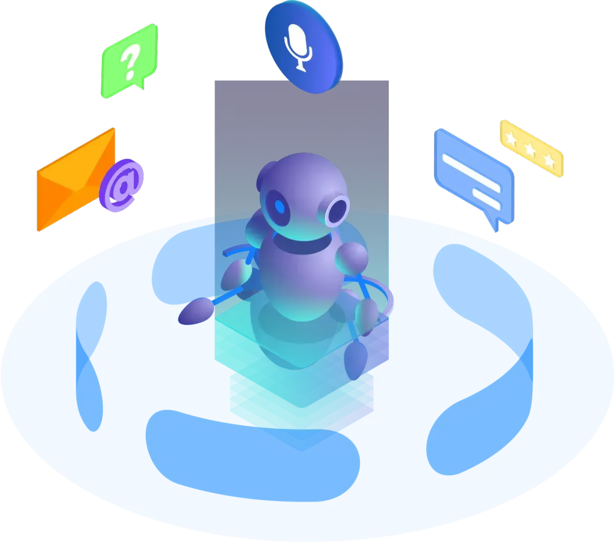 Colorful chatbot assistant surrounded by chat, email, and voice icons on a light background