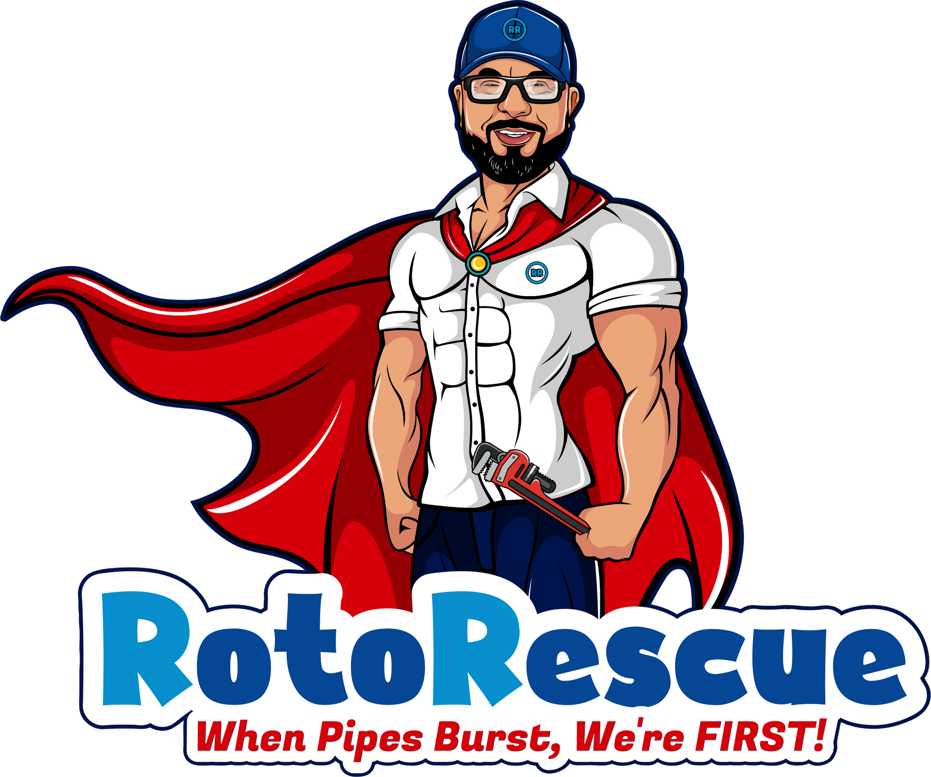 RotoRescue logo with caped plumber and text: “When Pipes Burst, We’re FIRST!”