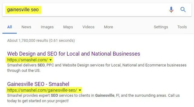 Google search results for “gainesville seo,” highlighting local SEO business listings in yellow.