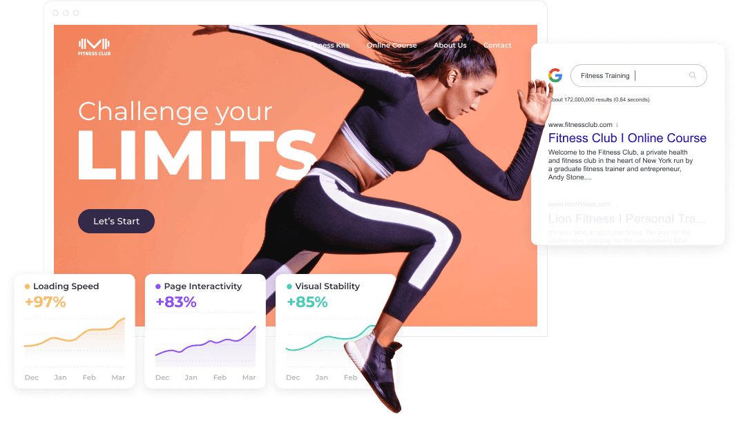 Fitness banner with runner leaping over orange background and text, “Challenge your limits”