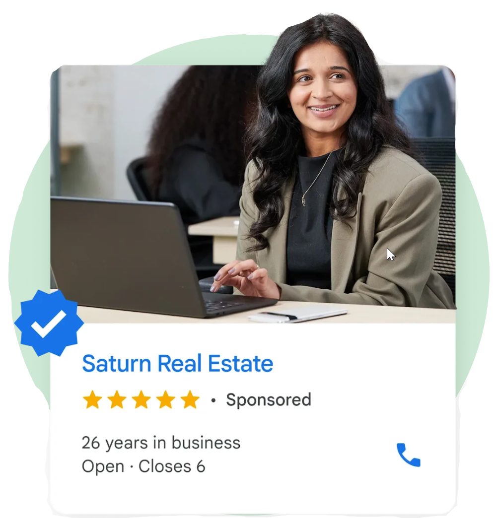 Google Local Services ad with phone mockup and real estate agent listing on white background