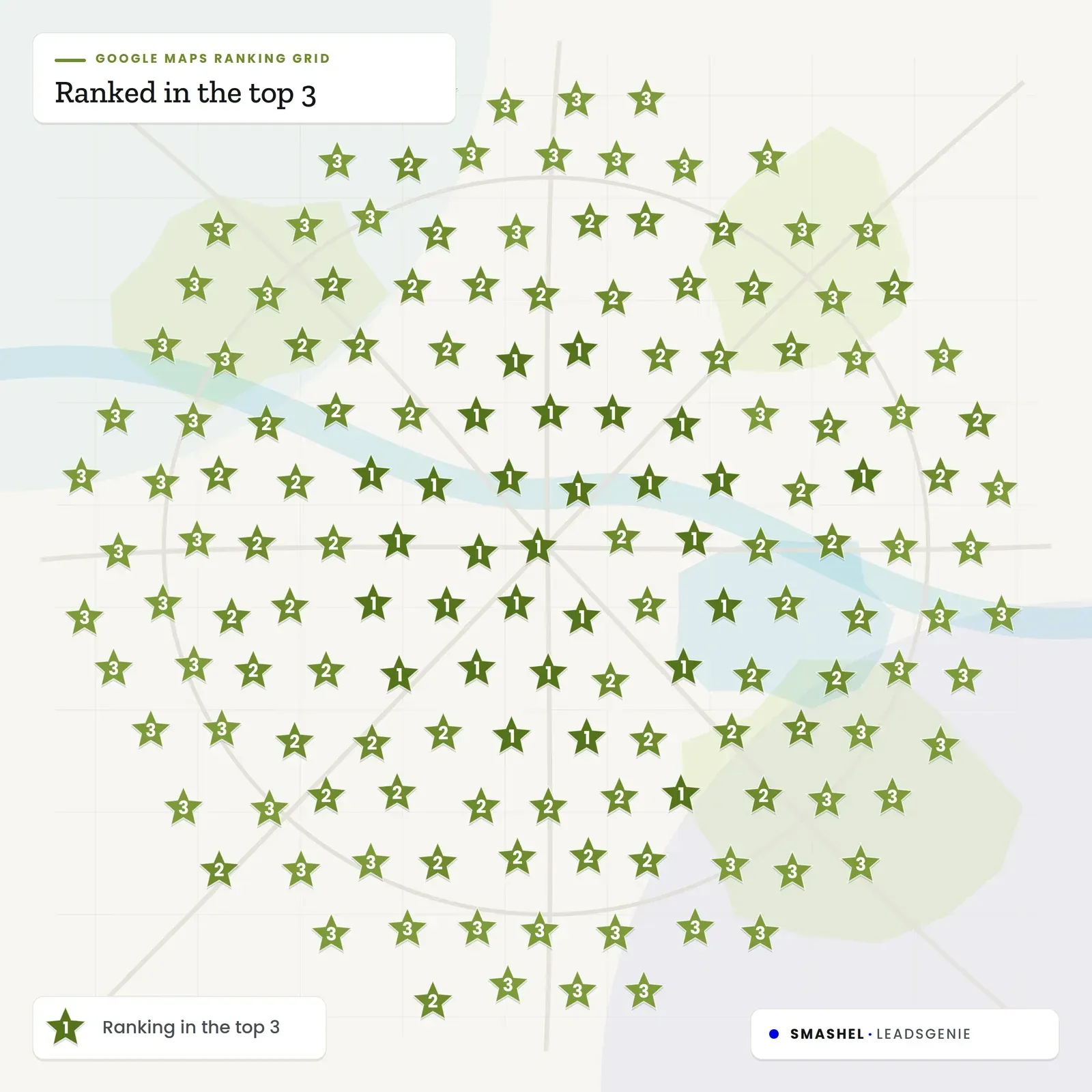 Map filled with many green numbered markers clustered over a city area near a coastline.