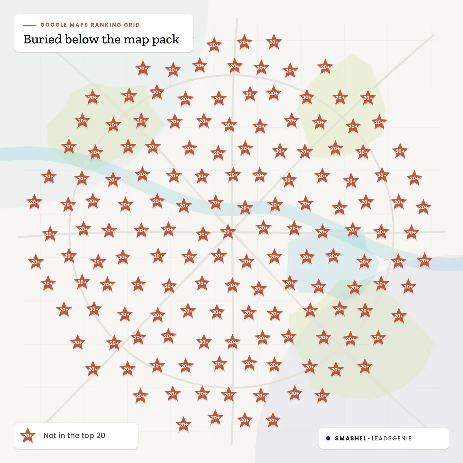 Map covered with many red markers and several green numbered pins, showing a clustered location overview.