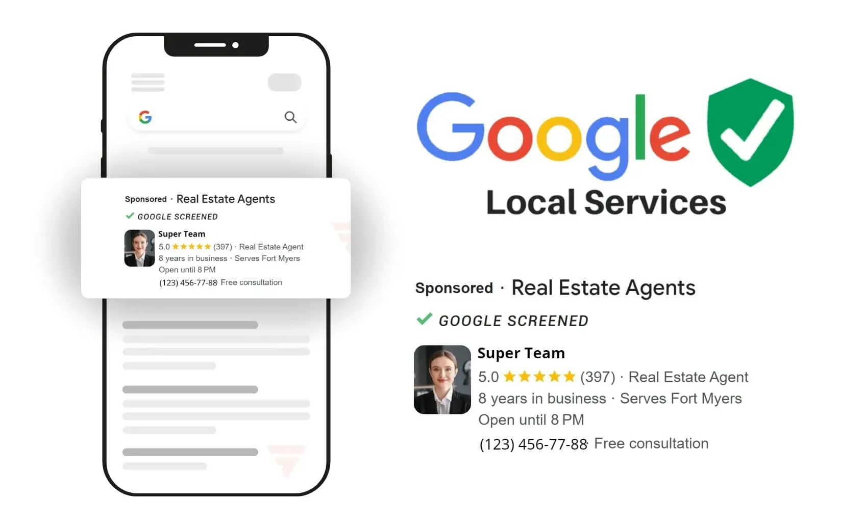 Google Local Services ad with phone mockup and real estate agent listing on white background