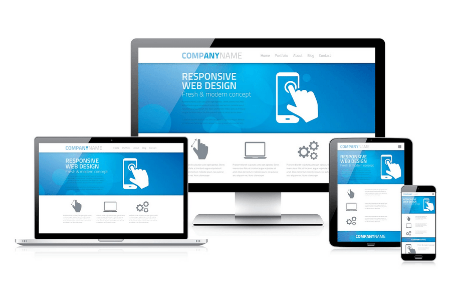 Responsive website displayed across desktop, laptop, tablet, and phone screens in blue and white