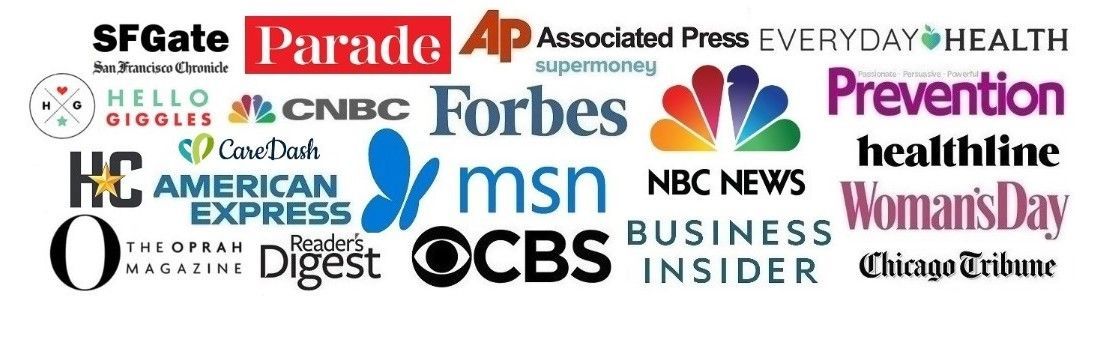 Logos of news and health media outlets on a white background, including CBS, AP, Forbes, and Prevention