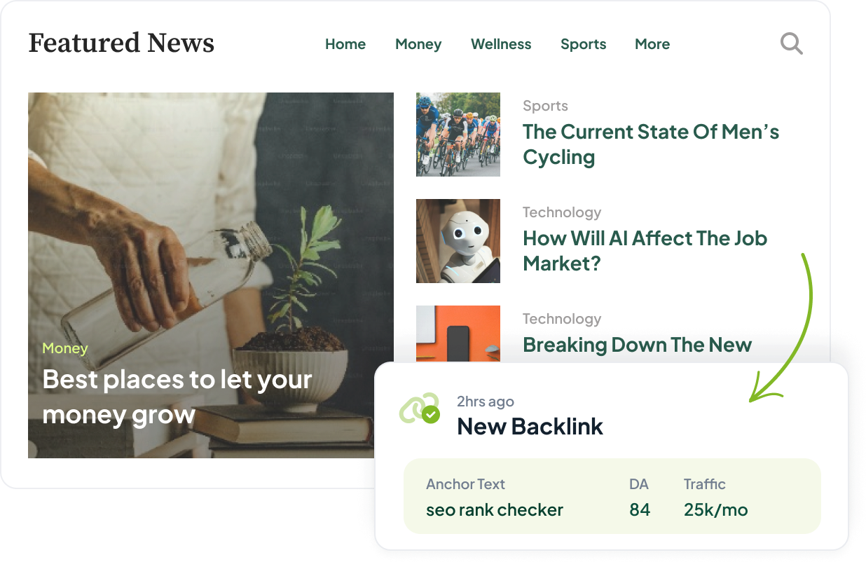 News website homepage with featured story cards and a 