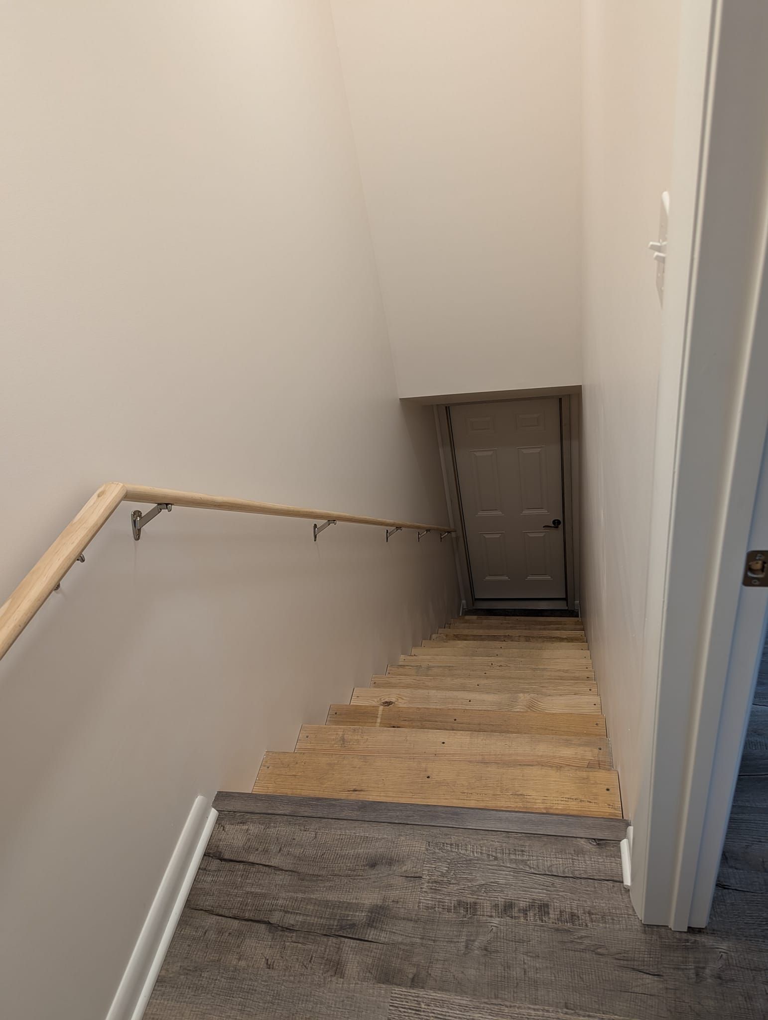 Stairway leading to a closed door, with a wood handrail. Carpet covers lower stairs, plywood upper.
