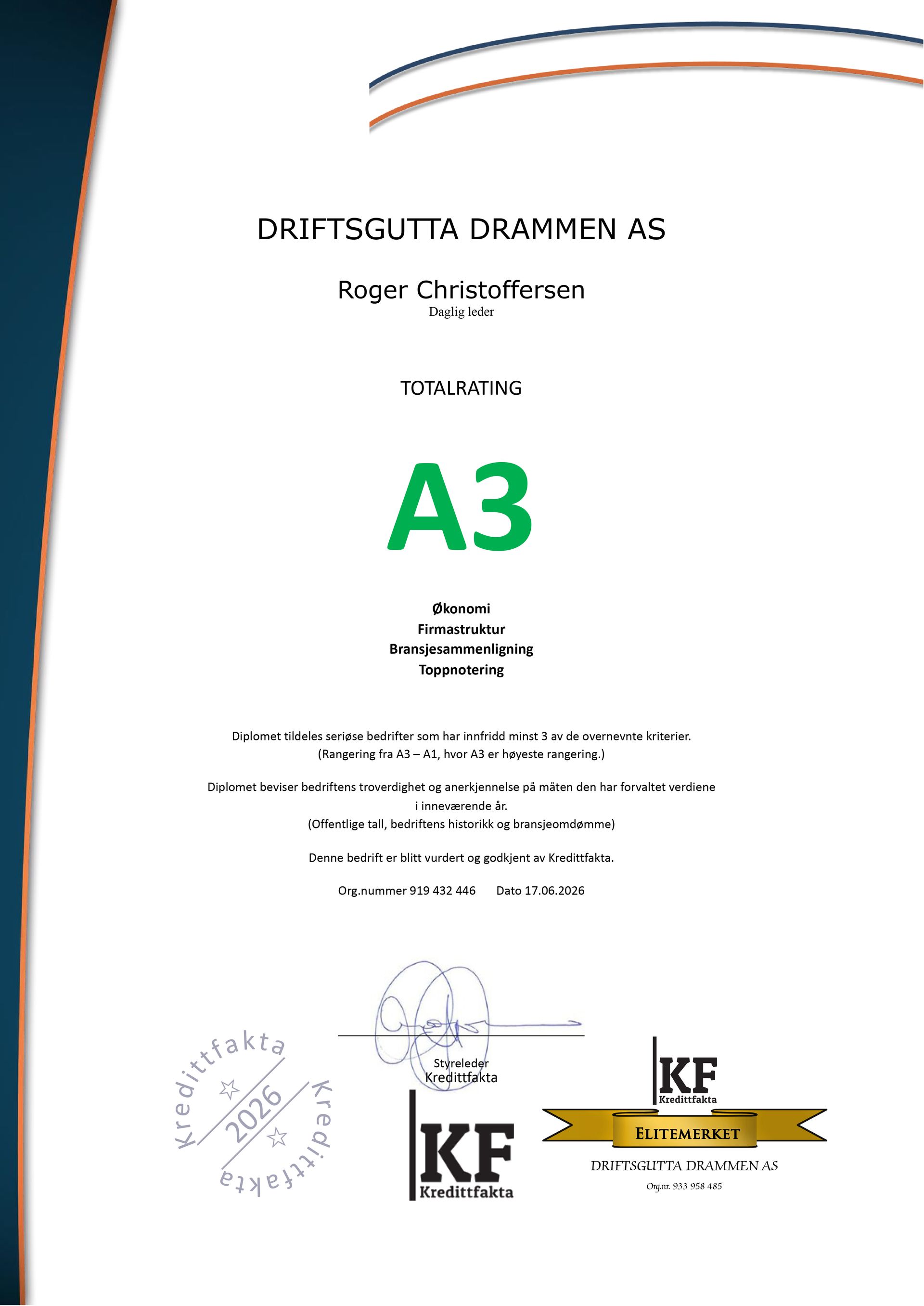 Certificate page with large green “A3” centered and several official stamps and signatures at the bottom.