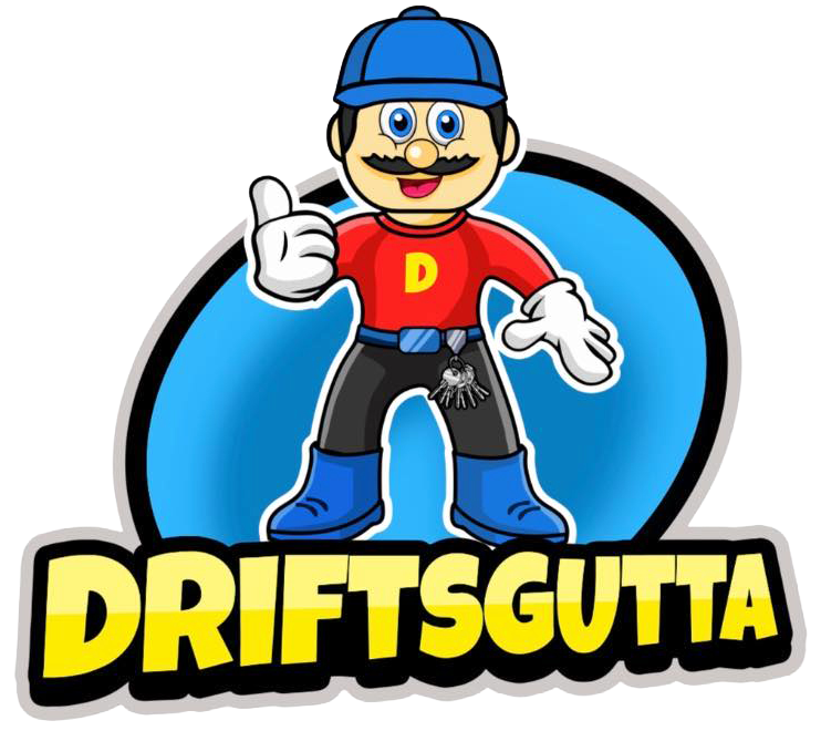 Tegneseriemann med bart iført blå caps, rød skjorte (bokstaven «D»), svarte bukser og blå støvler, som gir tommelen opp. Teksten «DRITSGUTTA» er nedenfor.
