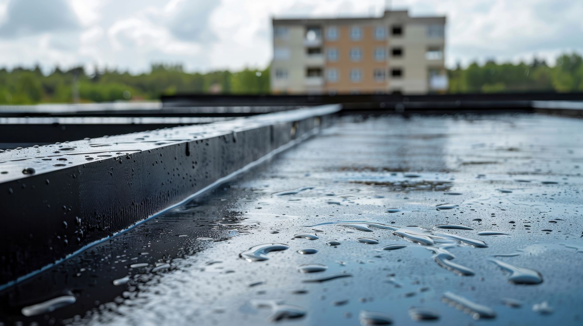 Toit ruisselant de pluie, avec des gouttelettes d'eau et un immeuble d'appartements flou en arrière-plan.