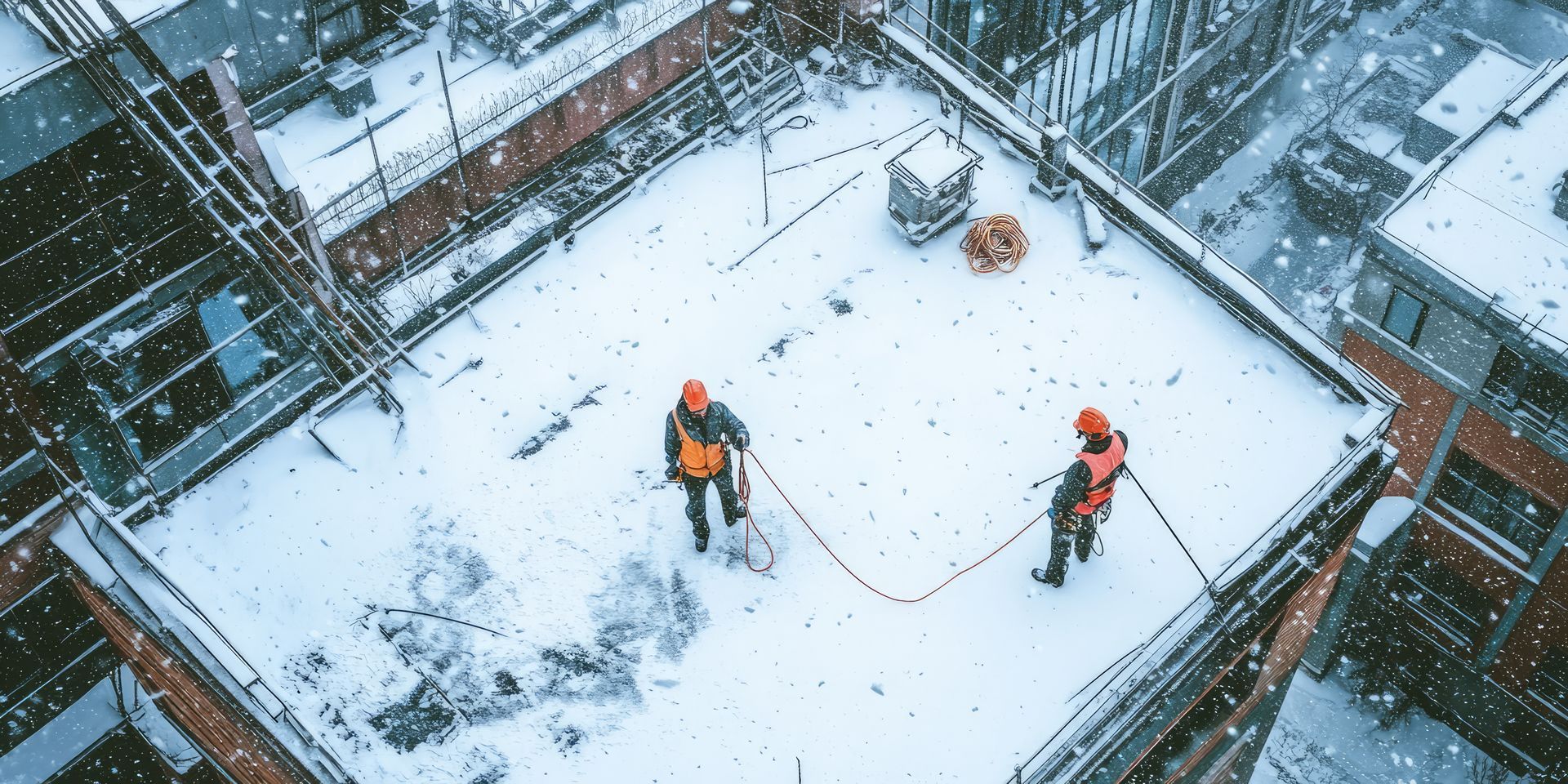 Deux ouvriers vêtus de tenues orange pelletent la neige sur un toit recouvert de neige blanche.