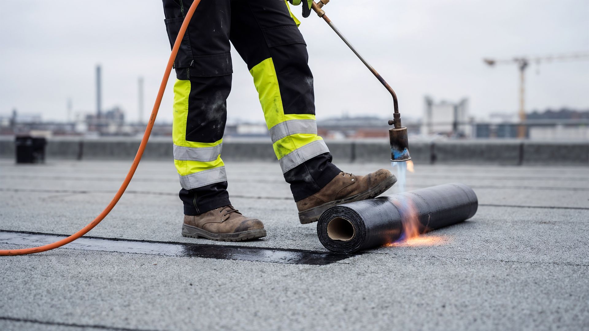 Un ouvrier utilise un chalumeau pour sceller à chaud un matériau de toiture sur un toit plat ; un tuyau orange est visible.