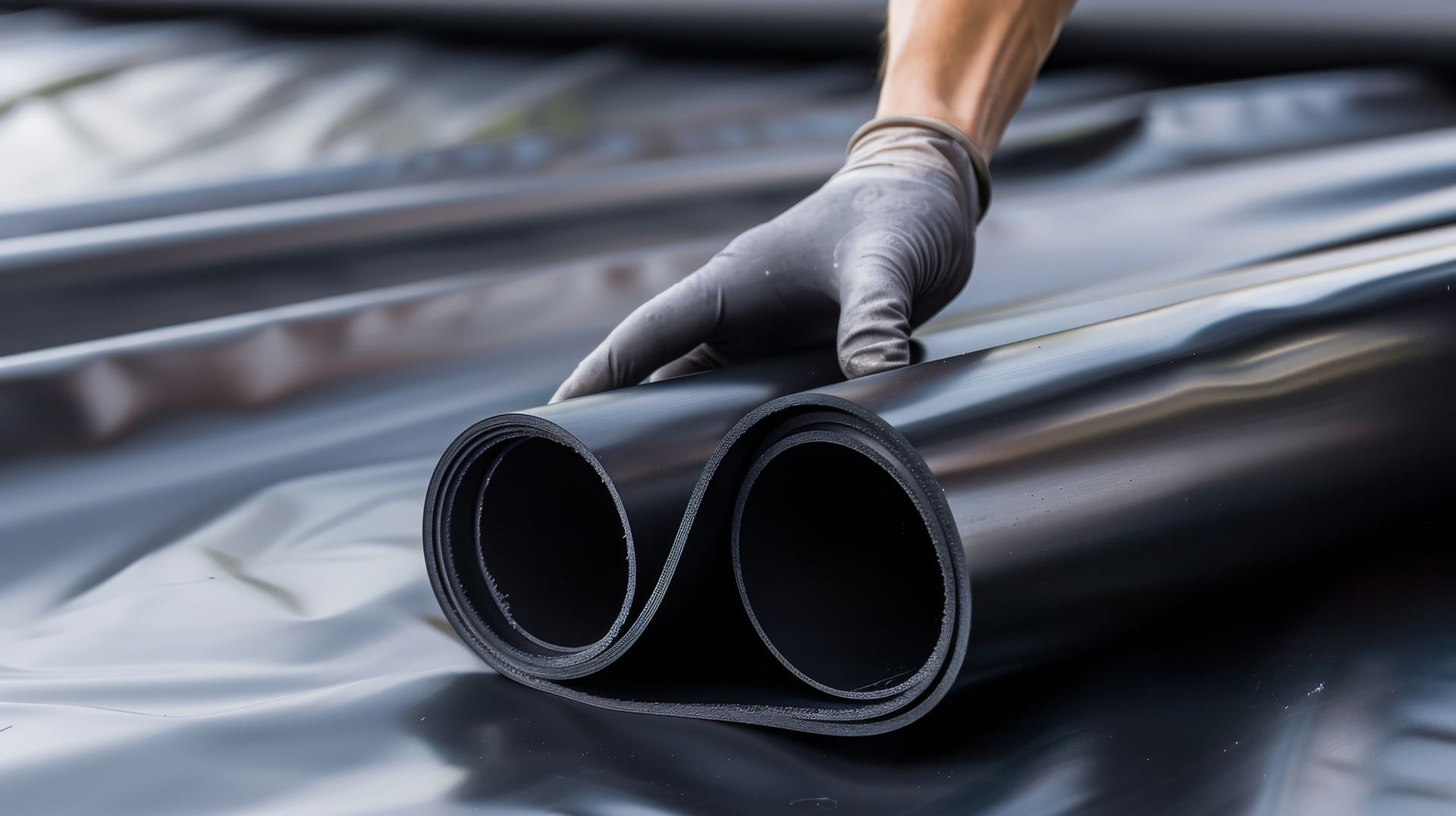 Main gantée tenant deux rouleaux de membrane d'étanchéité noire sur une surface de toit sombre