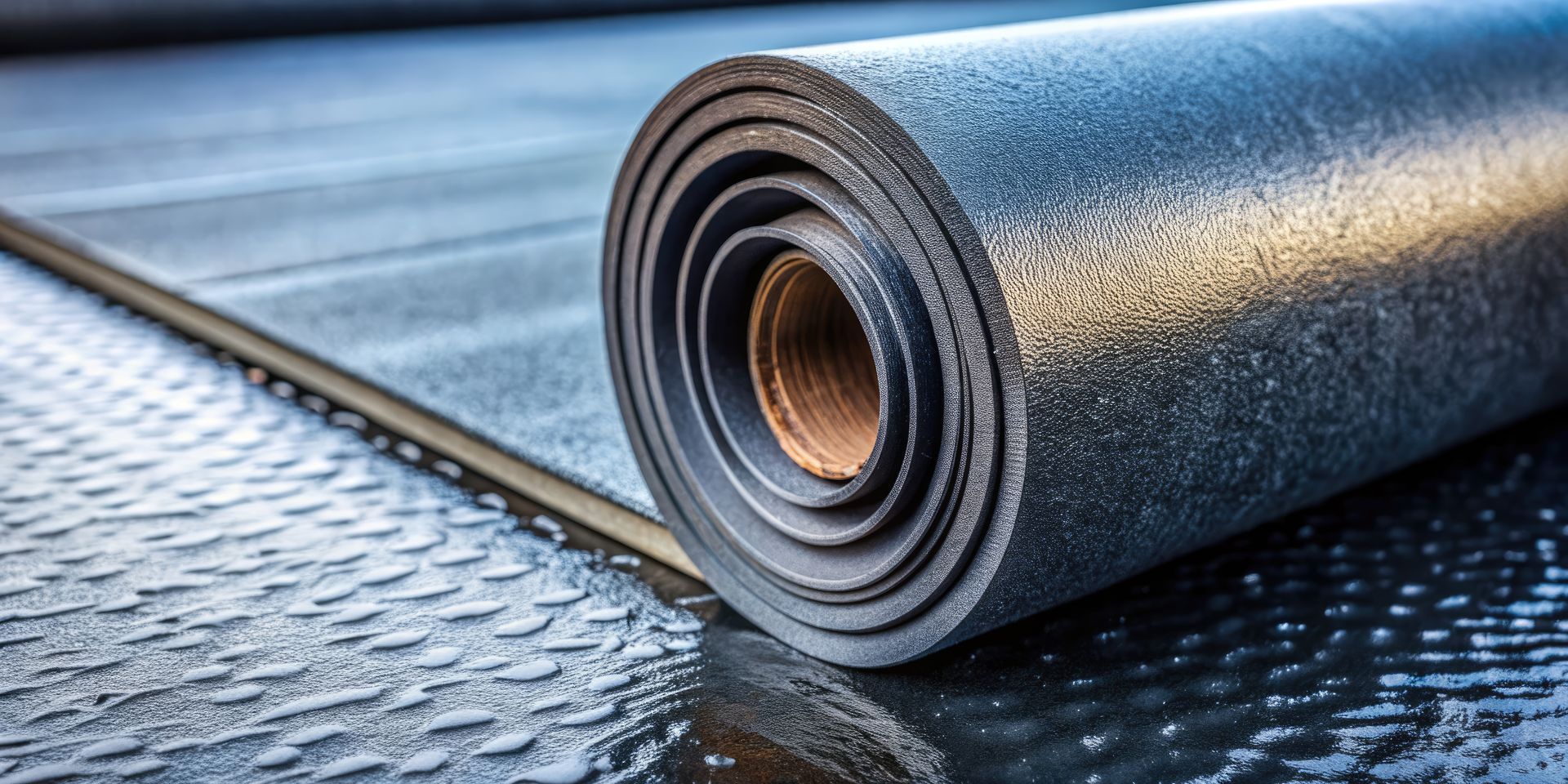 Tapis de sol noir texturé enroulé sur une surface métallique argentée à motif diamant.