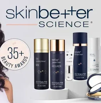 A woman is standing in front of a display of skin better science products.