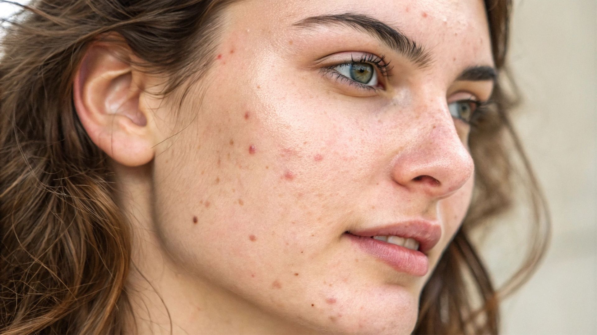 Woman with acne on her face; light skin, brown hair, green eyes, slight smile.
