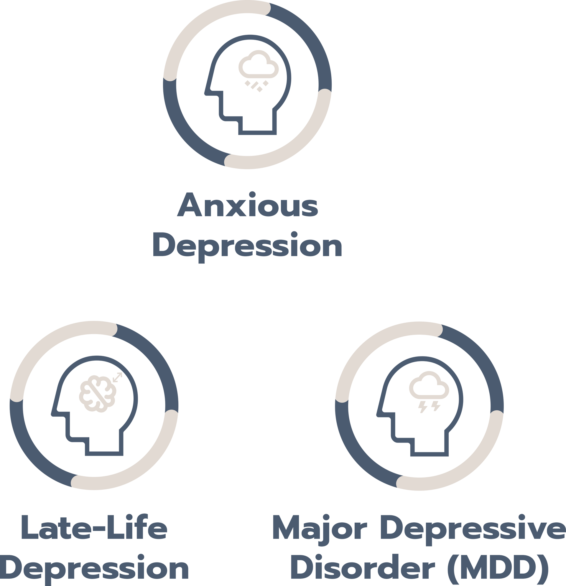 Three circular icons labeled Anxious Depression, Late-Life Depression, and Major Depressive Disorder (MDD)