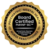 Gold and black PMHNP-BC board certification seal from the American Nurses Credentialing Center