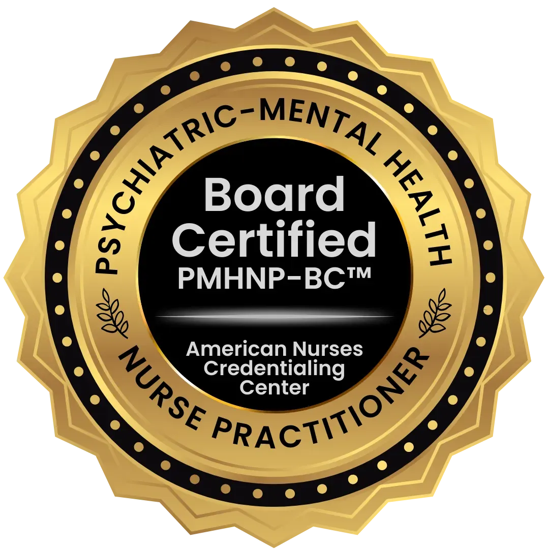 Gold and black PMHNP-BC board certification seal from the American Nurses Credentialing Center