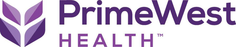 PrimeWest Health logo with purple leaf icon and text on a white background