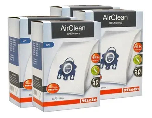 Three Miele AirClean vacuum cleaner filter boxes in white, gray, and orange packaging.