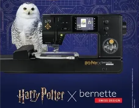 Hogwarts-themed Bernette sewing machine beside a white owl on a blue Harry Potter backdrop