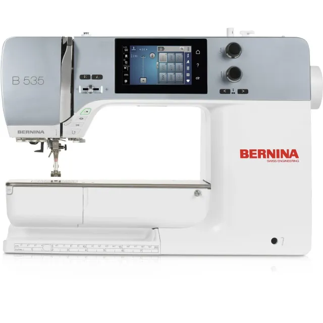 White Bernina computerized sewing machine with touchscreen display and controls