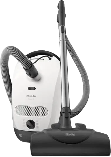 White and gray canister vacuum cleaner with hose and floor head on a white background