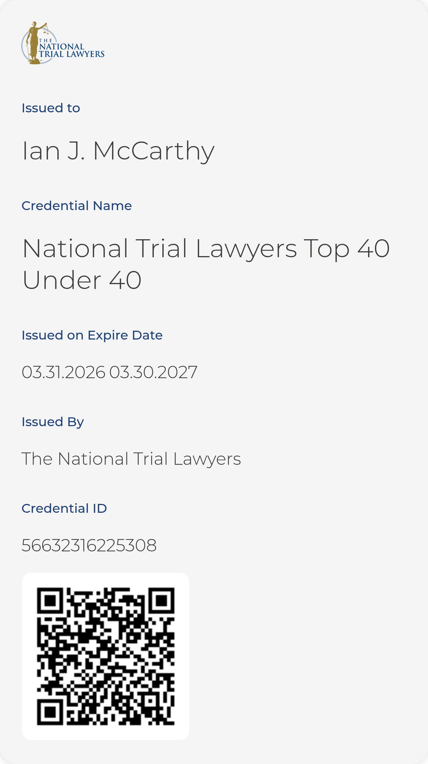 White event badge with text for Ian McCarthy, National Trial Lawyers Top 40 Under 40, and a QR code