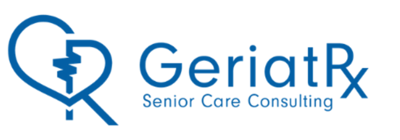 Blue logo with a heart shape and words Geriatrics Senior Care consulting