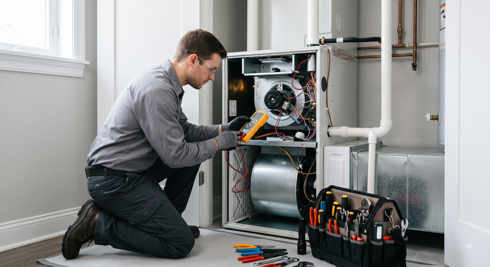 Technician kneels beside an open furnace, using a tool in a utility room with pipes and a toolbox nearby.