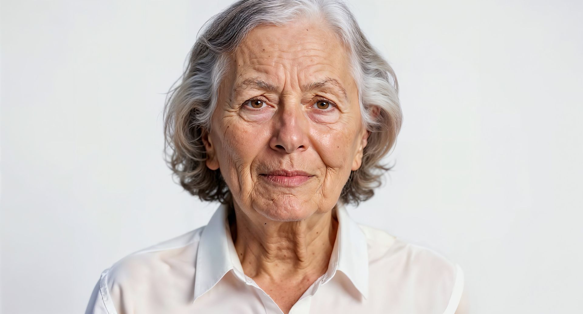 A person with wavy gray hair and a neutral expression, wearing a white collared shirt against a plain, light background.