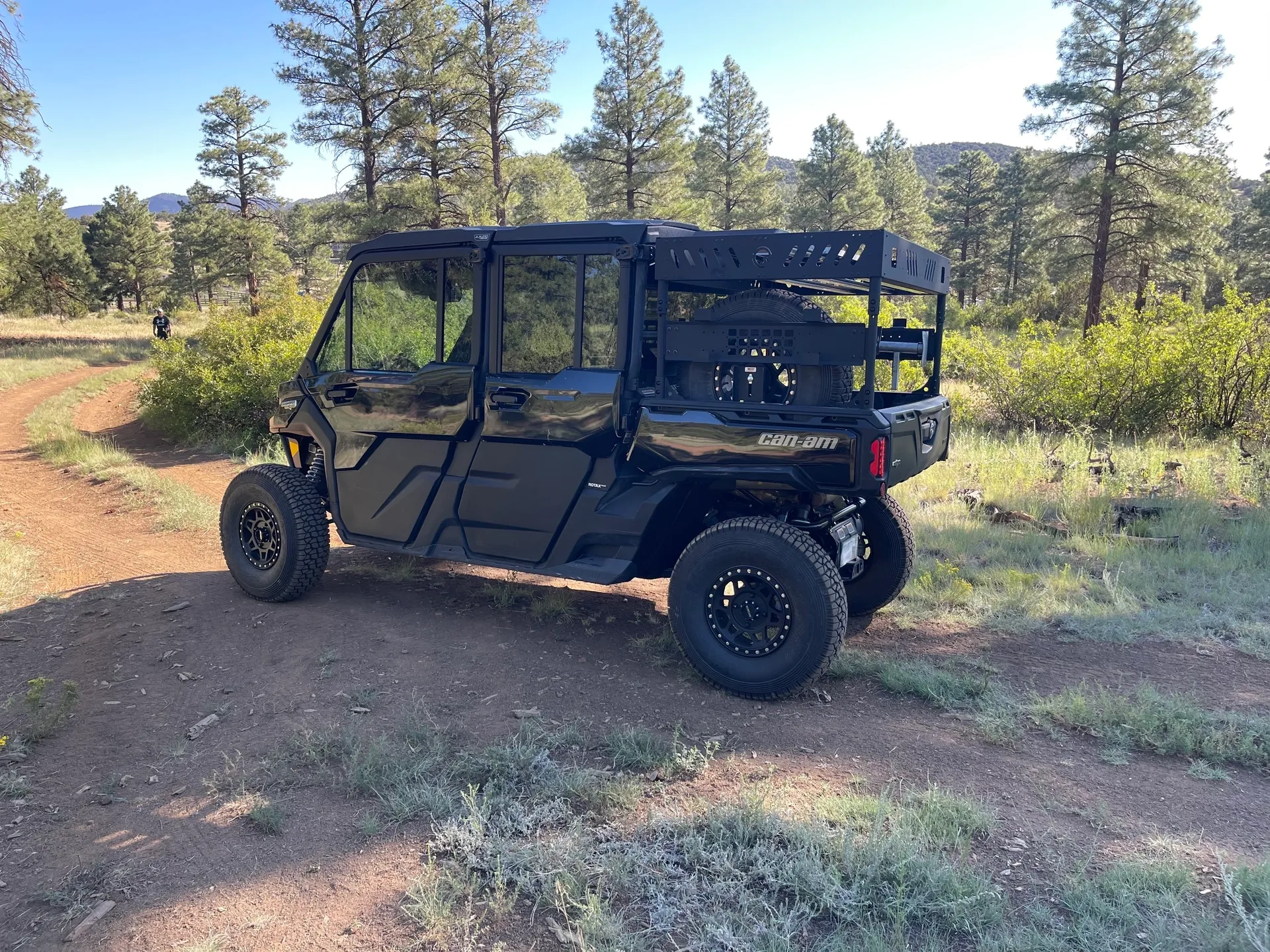 Black utility vehicle with roof rack, in a wooded area, on a dirt path.