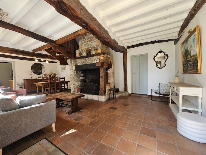 Salon rustique avec poutres apparentes, cheminée en pierre, sol en terre cuite et canapé gris
