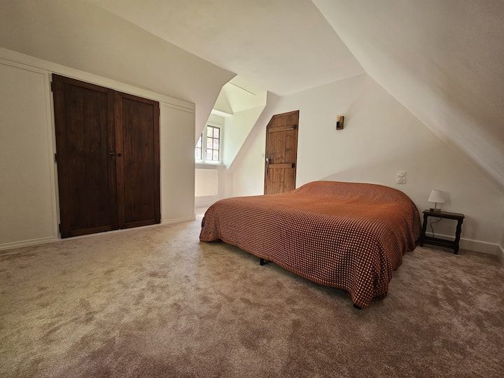 Chambre mansardée spacieuse avec moquette beige, portes en bois foncé et lit recouvert d'une couette à motifs marron.