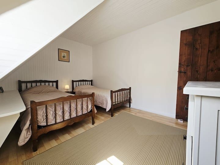 Chambre mansardée avec deux lits simples en bois, murs beiges et grand tapis