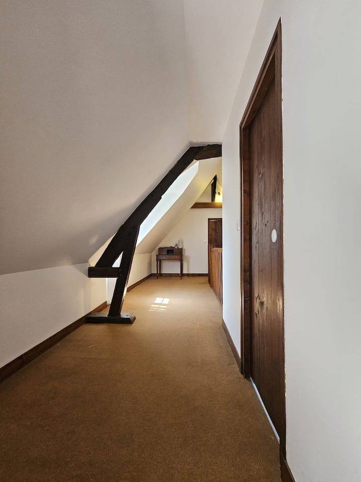 Couloir mansardé avec plafond blanc incliné, moquette marron, poutre en bois foncé et portes en bois fermées