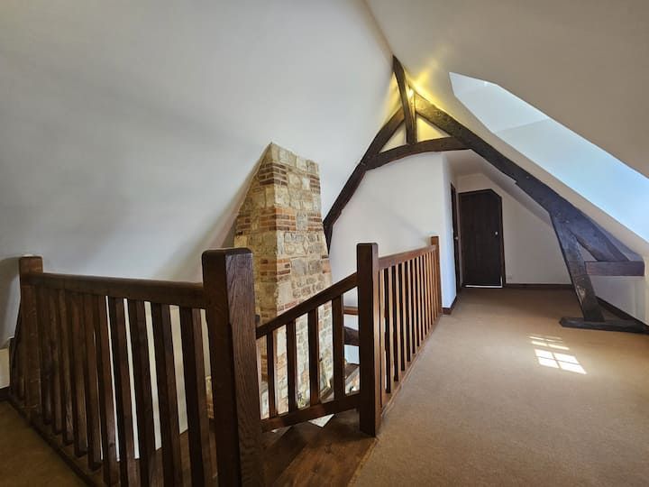 Couloir mansardé avec rampe en bois, plafond mansardé, cheminée en briques et sol recouvert de moquette baigné de soleil