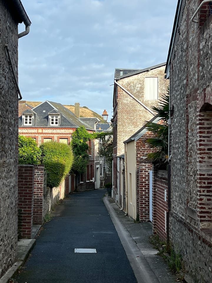Étroite ruelle de briques entre de vieux bâtiments, menant à des maisons sous un ciel partiellement nuageux.