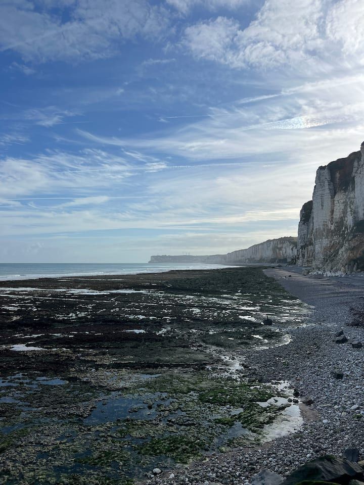 Littoral rocheux avec des bassins de marée, des falaises blanches et un ciel bleu nuageux au-dessus de la mer