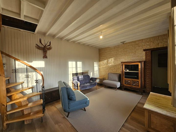 Salon avec escalier en colimaçon, fauteuil bleu, cheminée en briques et tête de cerf empaillée au mur