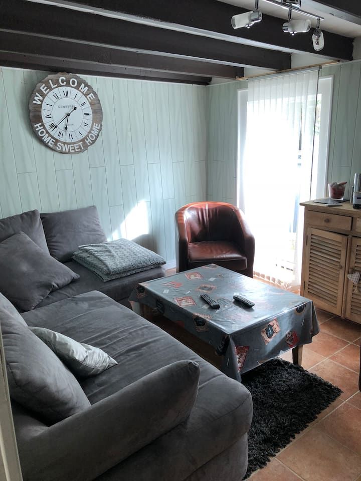 Salon confortable avec canapé gris, fauteuil rouge, table basse à motifs, horloge murale et fenêtre lumineuse