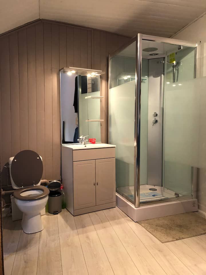 Salle de bains avec toilettes, lavabo et cabine de douche en verre sur parquet.